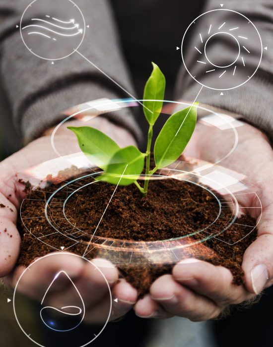 Smart agriculture IoT with hand planting tree background