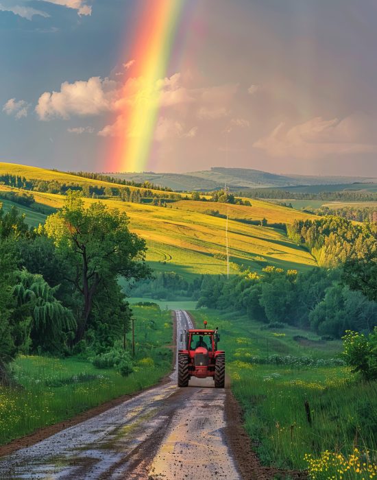 A countryside landscape in summer. A road with a rainbow at the end. A tractor crossing the road. Realistic. Analog style. --ar 2:3 --stylize 500 Job ID: d4a1accc-3646-4dd9-874f-9ef27395b2c5